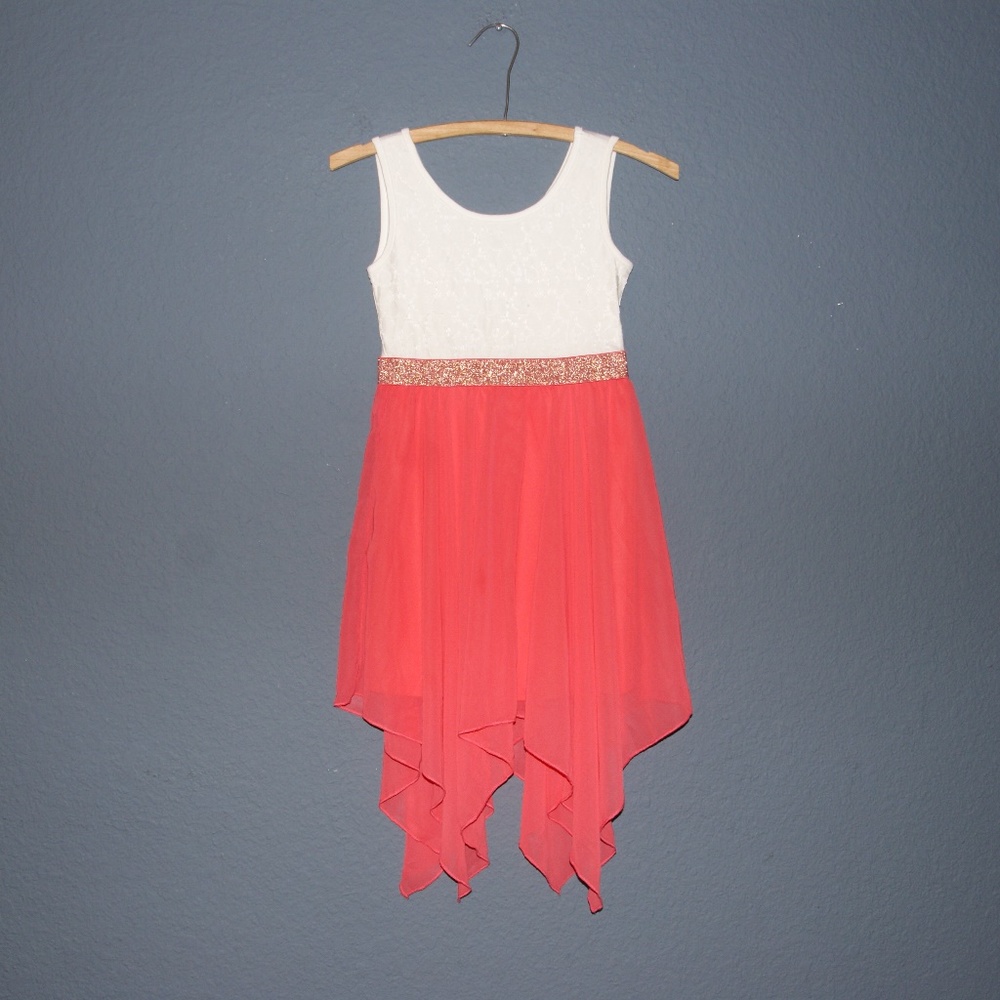 LILY BLEU Lace+Coral Chiffon Handkerchief Dress 8